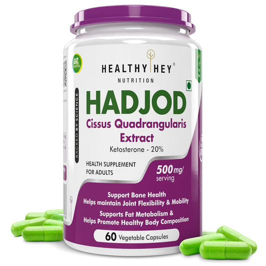 Supplement container labeled 'Hadjod' with green capsules on a white background