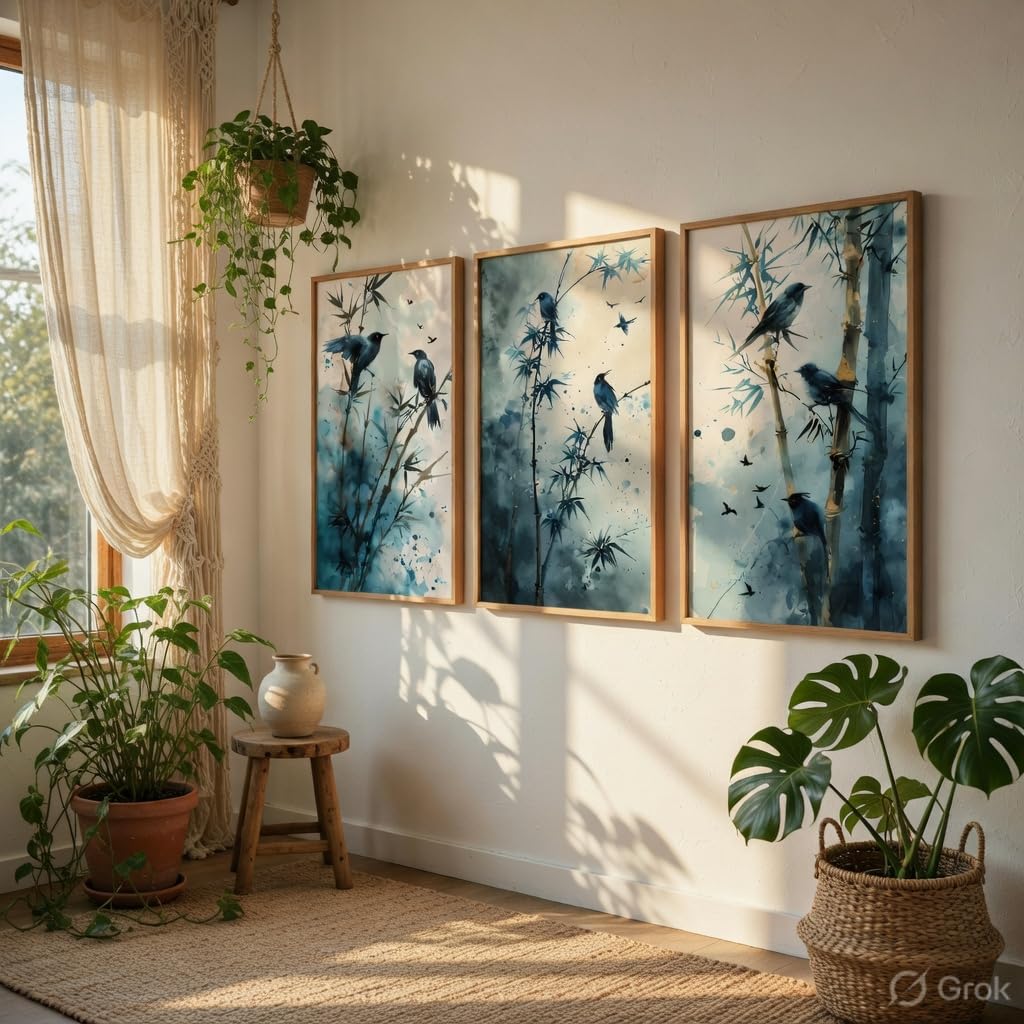 Bamboo Bird Wall Art Set of 3 | Wooden Frame MDF Nature Decor