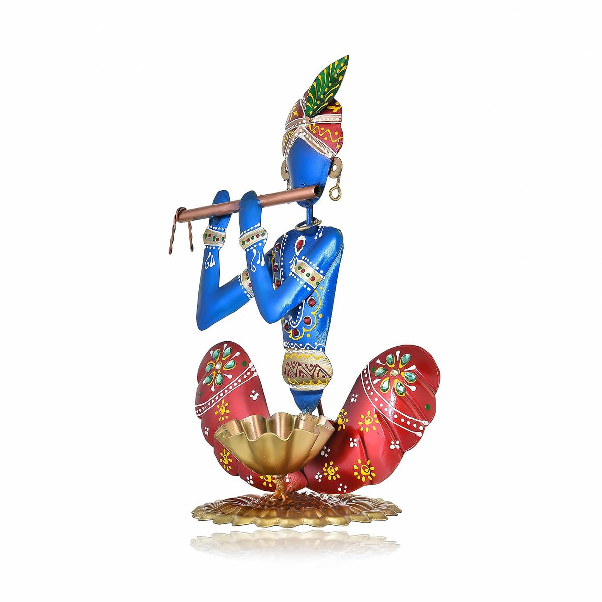 Home Decor Items - Home Decoration Gift for Living Room - House Warming Wedding Gift - Metal Krishna Showpiece - Handpainted Flute Krishna for Gift