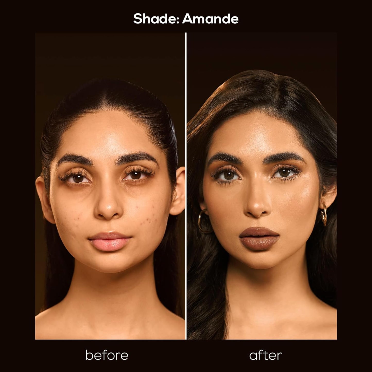 Before and after comparison of a woman's face with a makeup shade labeled 'Amande'.