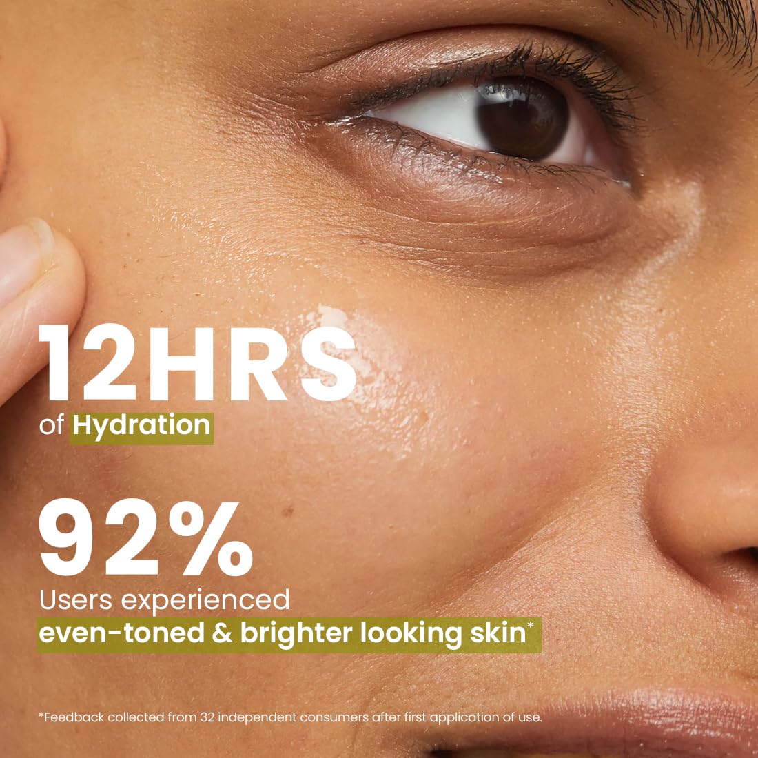 Close-up of a person's face with skincare product, text about hydration and user feedback.