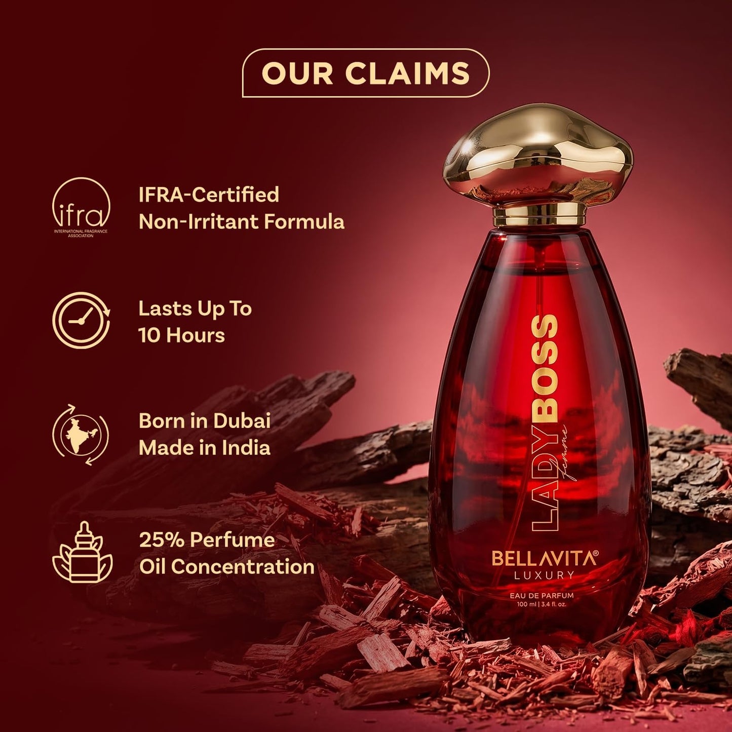 BELLAVITA LUXLADY BOSS Femme | Dubai Crafted | Perfume For Woman | 100ml | 25% Oil Concentration | Coffee, Jasmine, Vanilla & Musk | Premium Long Lasting Perfume