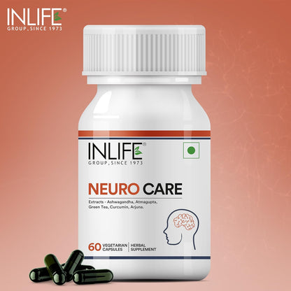 INLIFE Neuro Nerve Care Health Supplement - Ashwagandha, Green Tea, Turmeric (Curcumin), Arjuna, Atmagupta Extracts 500 mg - 60 Vegetarian Capsules (Pack of 1, 60)