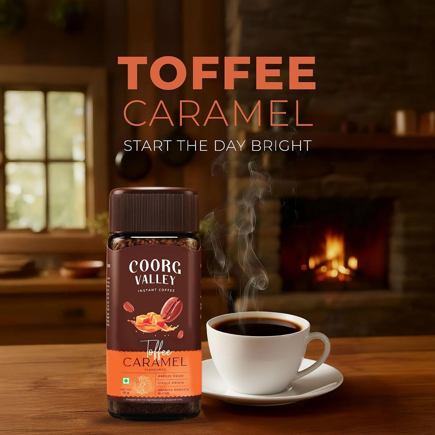 Coorg Valley Toffee Caramel Instant Coffee 50g | Flavoured Coffee | Premium Blend of Robusta & Arabica | Freeze Dried | Make Café Style Hot & Cold Coffee at Home