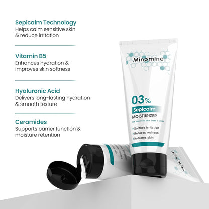 Minomine Sepicalm moisturizer tube with product benefits on a white background