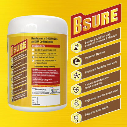 BSURE supplement container with label on a yellow background