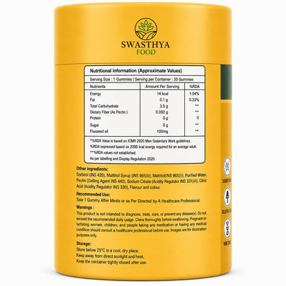 SWASTHYA AATA Omega 3-6-9 Gummies Sugar Free Vegan & Gelatin Free Chewable Flaxseed Oil Supplement For Adults Plant Based Vitality Heart & Brain Daily Nutrition Support Pineapple Flavour