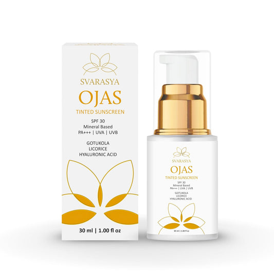 Svarasya Ojas Sunscreen SPF 30 PA+++ | Mineral Based Tinted Sunscreen | Protection Against UVA/UVB rays | Lightweight & No White Cast | For All Skin Types | Sun Cream for Men & Women