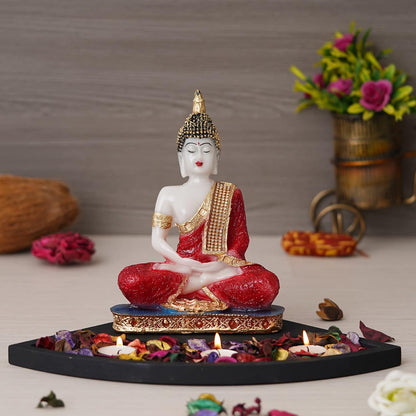 Red Resin Meditating Lord Buddha Statue Tea Light Candle Holder| Buddha Idol Tealight Holder| Diwali Decoration Item for Home Decor| Buddha Showpiece Gift for Diwali Housewarming Birthday