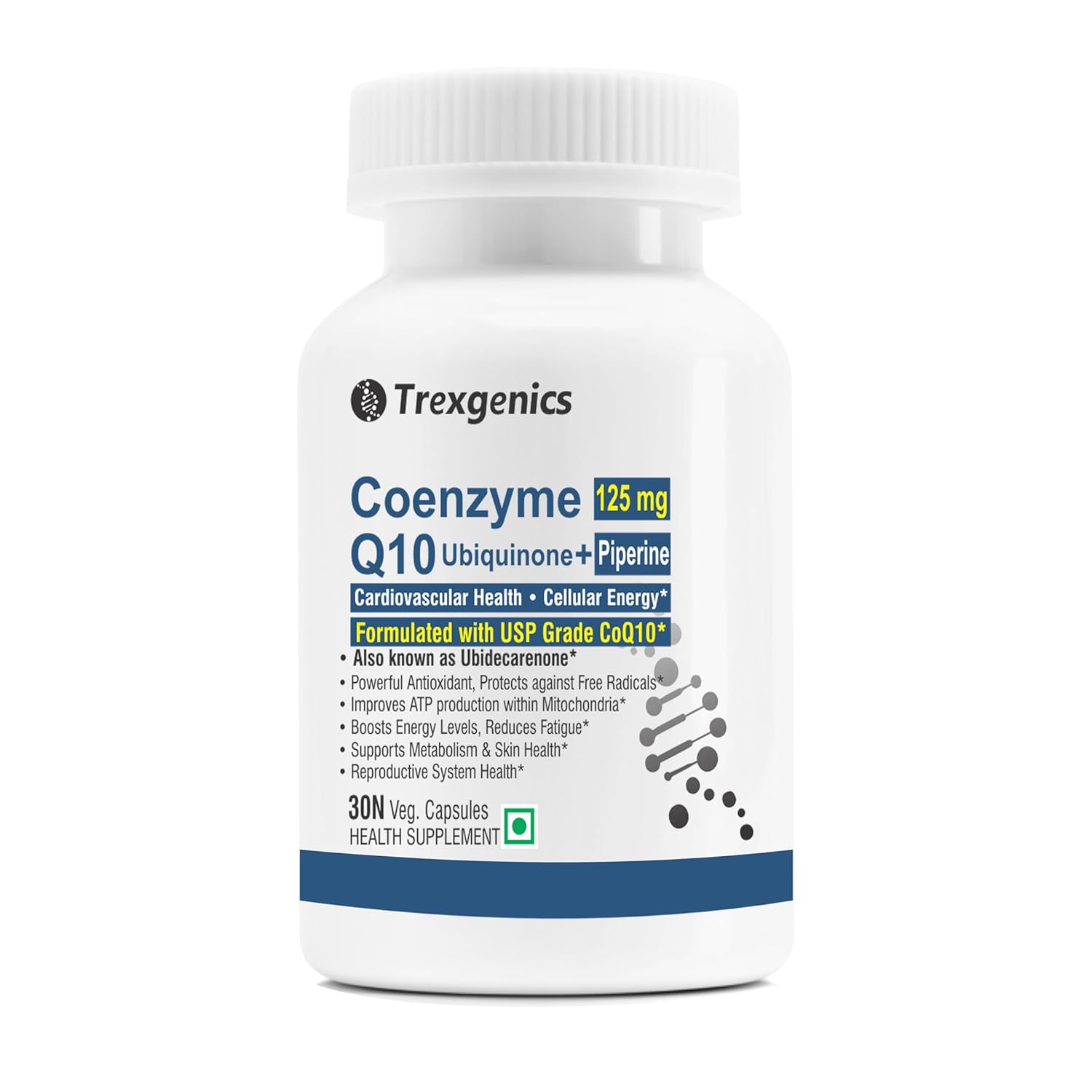 Trexgenics Coenzyme Q10 supplement bottle on a white background