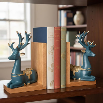 eCraftIndia Wooden Book End with Resin Reindeer Sculptures Showpiece for Home Decor Office Table | Gift for Housewarming Birthday