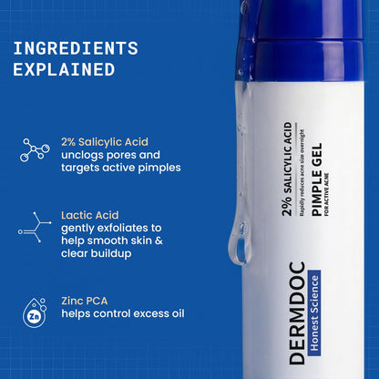 DERMDOC 2% Salicylic Acid w/w Pimple Gel, 5ml | Acne Spot Treatment for Oily & Acne-Prone Skin | Reduces Pimples, Redness & Inflammation | Clears Clogged Pores | Lightweight & Fast Absorbing | Anti-Acne Gel for Breakouts & Active Pimples