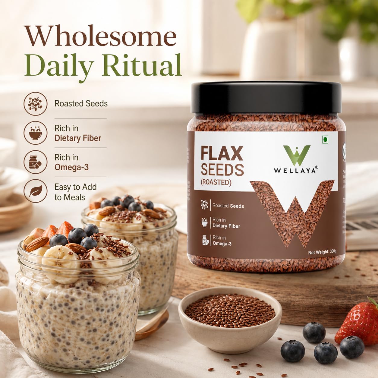 WELLAYA Flax Seeds- Alsi Seeds | Rich Protein Healthy Roasted Seeds for Eating | Source of Iron & Dietary Fibre | Vegan Superfood for Wellness