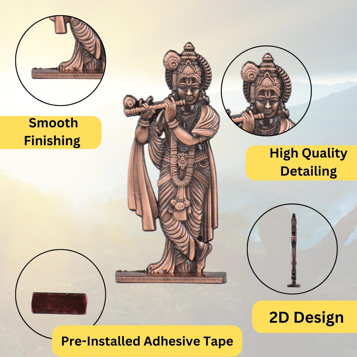 Big Krishna Murli Idol for Car Dashboard – Copper Finish Hindu God Statue Spiritual Krishna Ji Showpiece for Temple & Car (S1008-CPR)