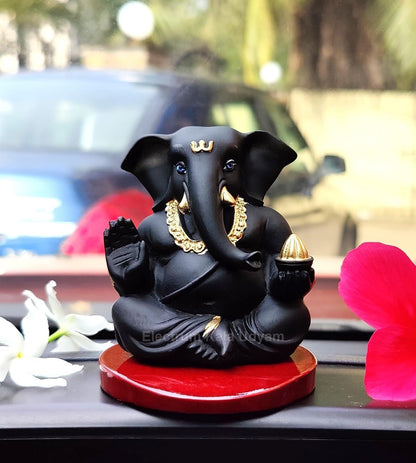 Handcrafted Poly Resin Ganesha Statue with Base - Perfect for Car Dashboard, Office Desk, Shelves, and Home Decor - Ideal Housewarming Gift! (AppuBlackwithbase)