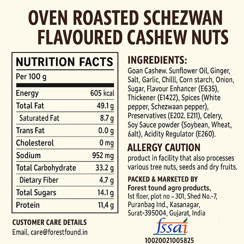 Forest Found Schezwaan Cashews 400g | Dry Oven Roasted & Salted Kaju | Zero Oil & Non-Fried Crunchy Nut Snack | Low Sodium & Protein-Rich | Spicy Flavored Premium Whole Cashews