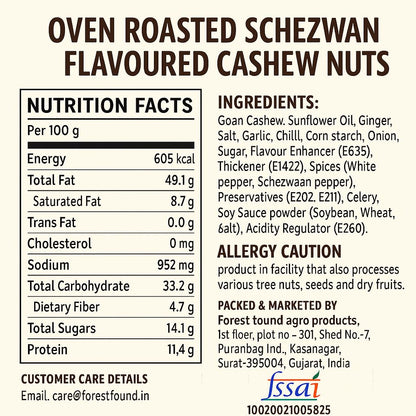 Forest Found Schezwaan Cashews 400g | Dry Oven Roasted & Salted Kaju | Zero Oil & Non-Fried Crunchy Nut Snack | Low Sodium & Protein-Rich | Spicy Flavored Premium Whole Cashews