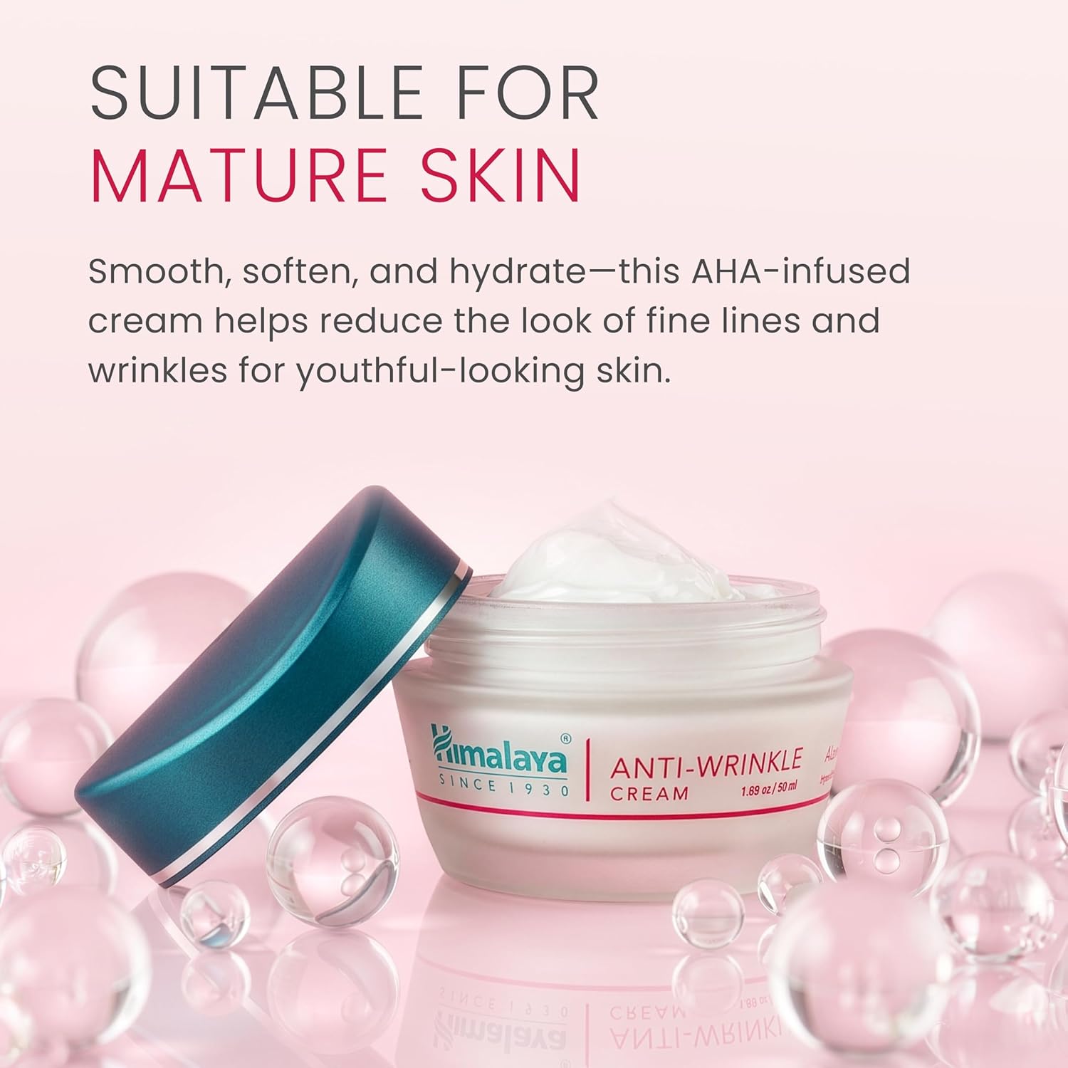 Himalaya Anti-Wrinkle Cream jar with pink background and text about skin care benefits