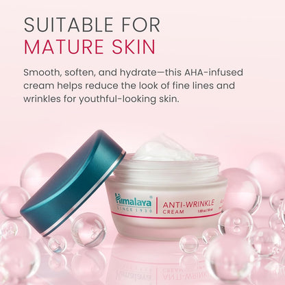 Himalaya Anti-Wrinkle Cream jar with pink background and text about skin care benefits