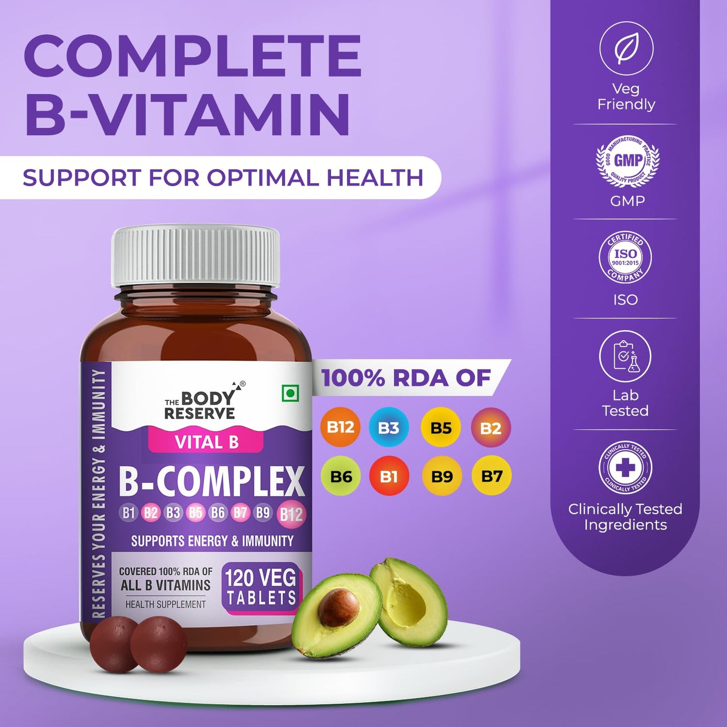B-complex supplement bottle with avocados on a purple background