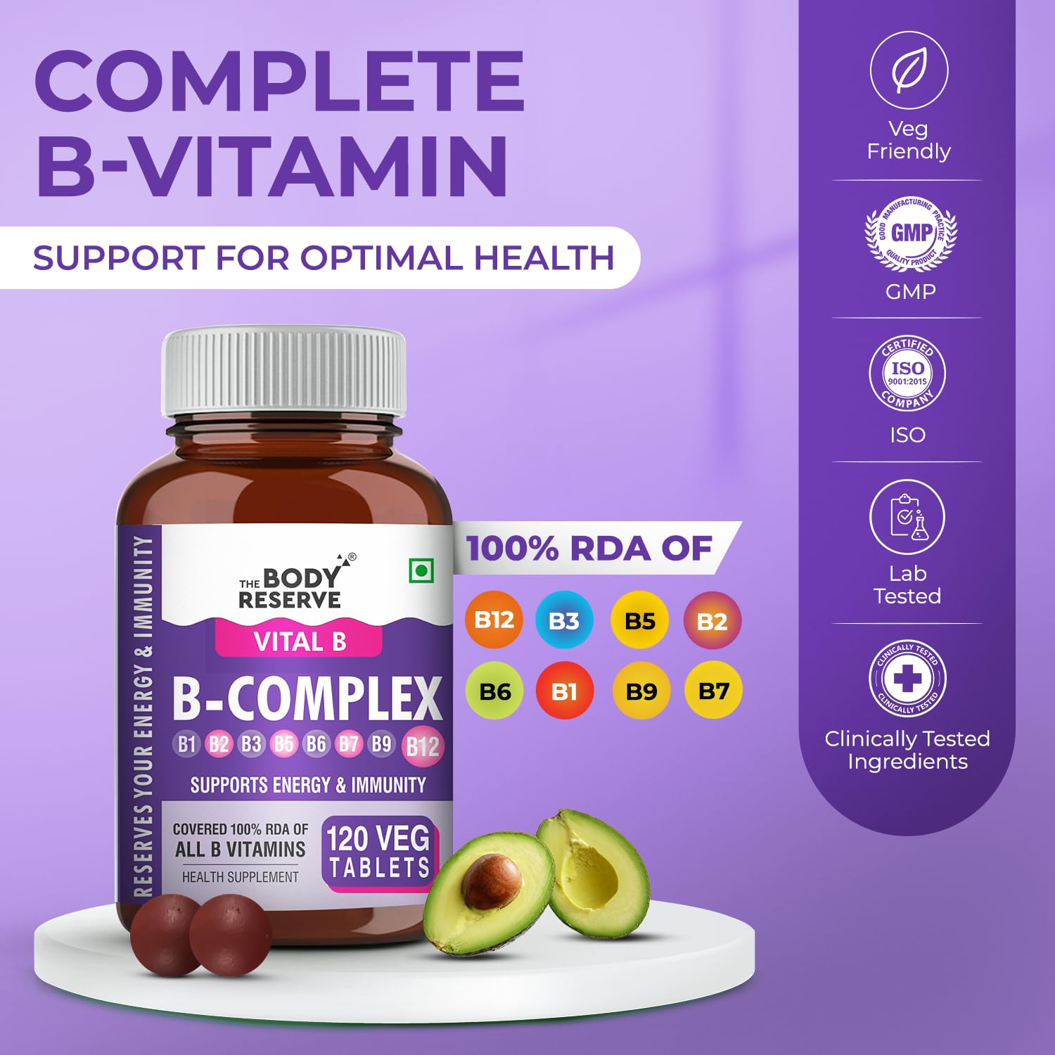 B-complex supplement bottle with avocados on a purple background