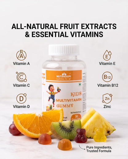 Nutrasium Multivitamin Gummies For Kids | With 14 Vitamins, 10 Minerals | Ashwagandha & Ginseng | 30 Day pack | Improves Immunity, Bone health & Brain Development | No Added Sugar | Mixed Fruit Flavour