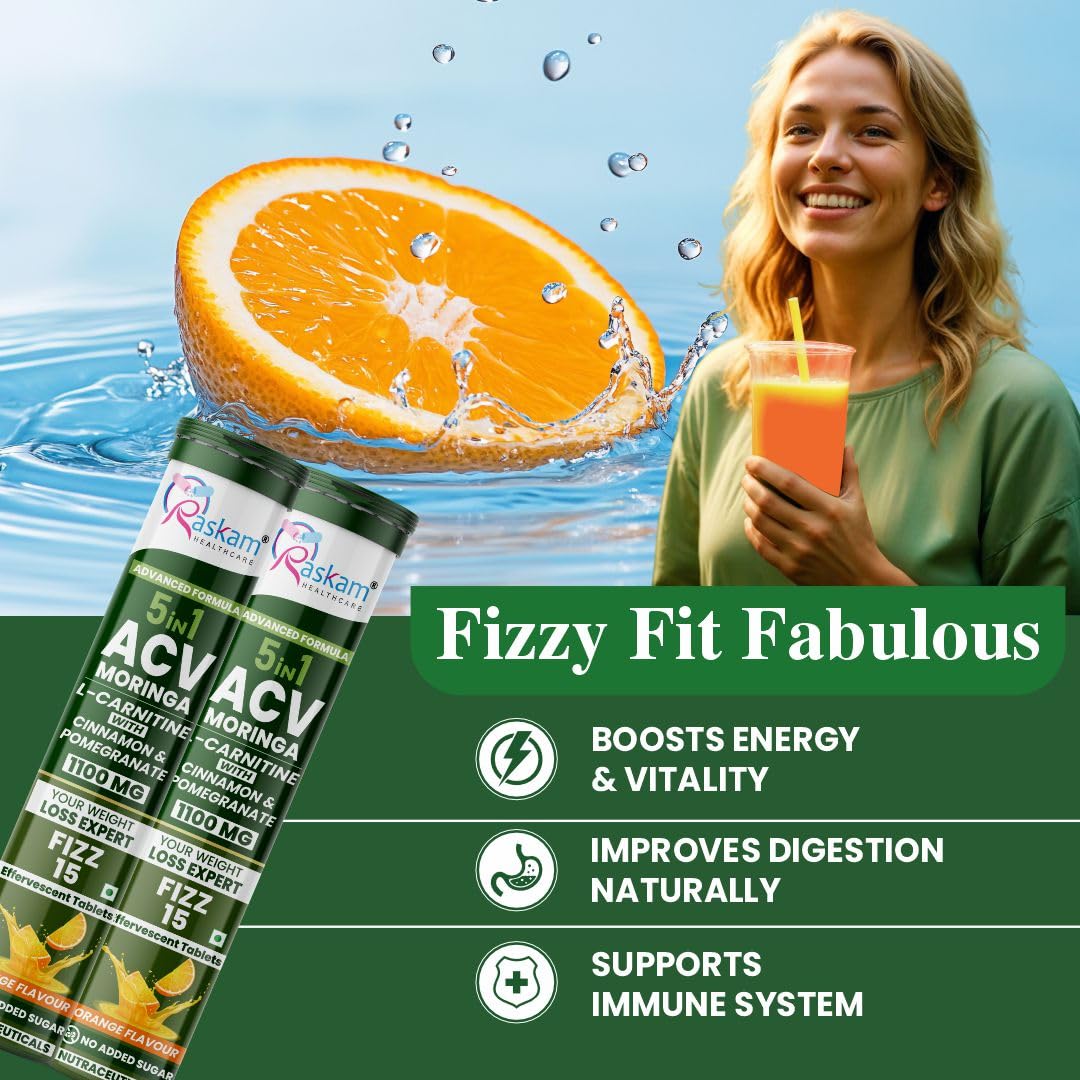ACV Moringa 5 in 1 formula Effervescent Tablets | 15 Tablets, Pack Of 1 | With L-Carnitine Pomegranate & Cinnamon | Supports Fat Burn | Weight Loss Drink for Women, Men