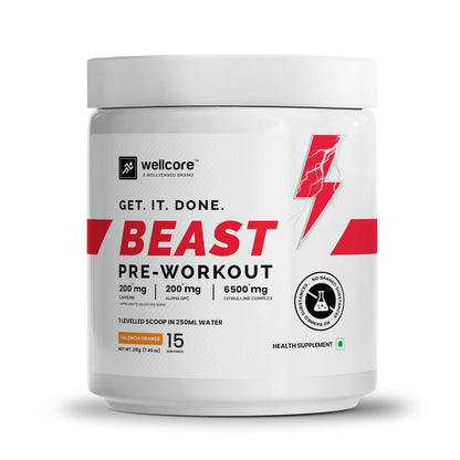 Wellcore-Beast Mode Pre Workout Supplement Powder(210G,15 Servings) Valencia Orange Pre Workout For Men&Women With 200 Mg Alpha Gpc 200 Mg Caffeine 6500Mg Citrulline Complex 1000Mg Creatine