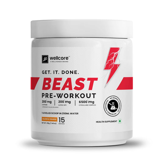 Wellcore-Beast Mode Pre Workout Supplement Powder(210G,15 Servings) Valencia Orange Pre Workout For Men&Women With 200 Mg Alpha Gpc 200 Mg Caffeine 6500Mg Citrulline Complex 1000Mg Creatine