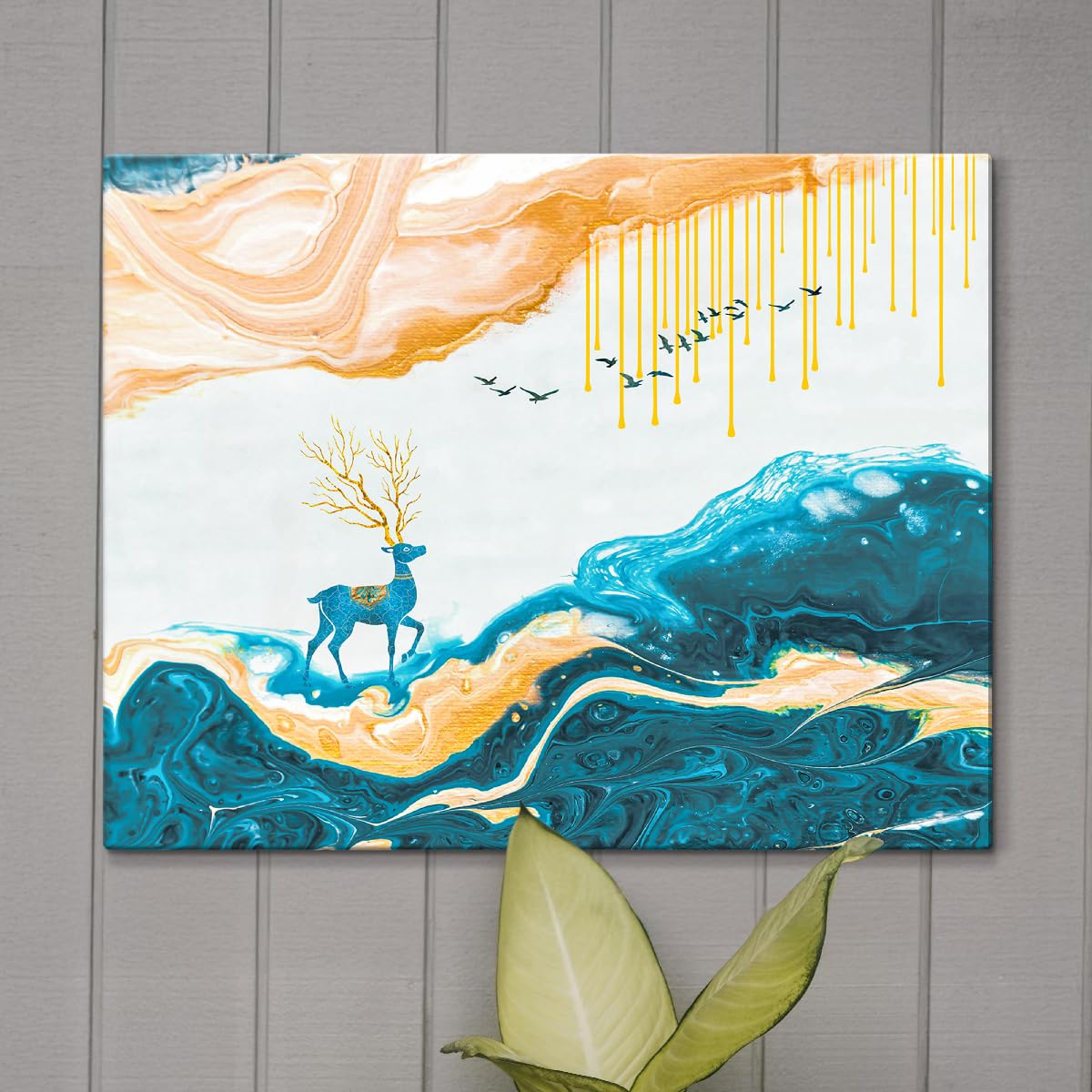 Canvas Deer Painting, Big Size Scenery, Abstract Painting, Painting for Living Room Bedroom, Multicolor, Nature, 58.0 X 45.0 cm, Set of 1