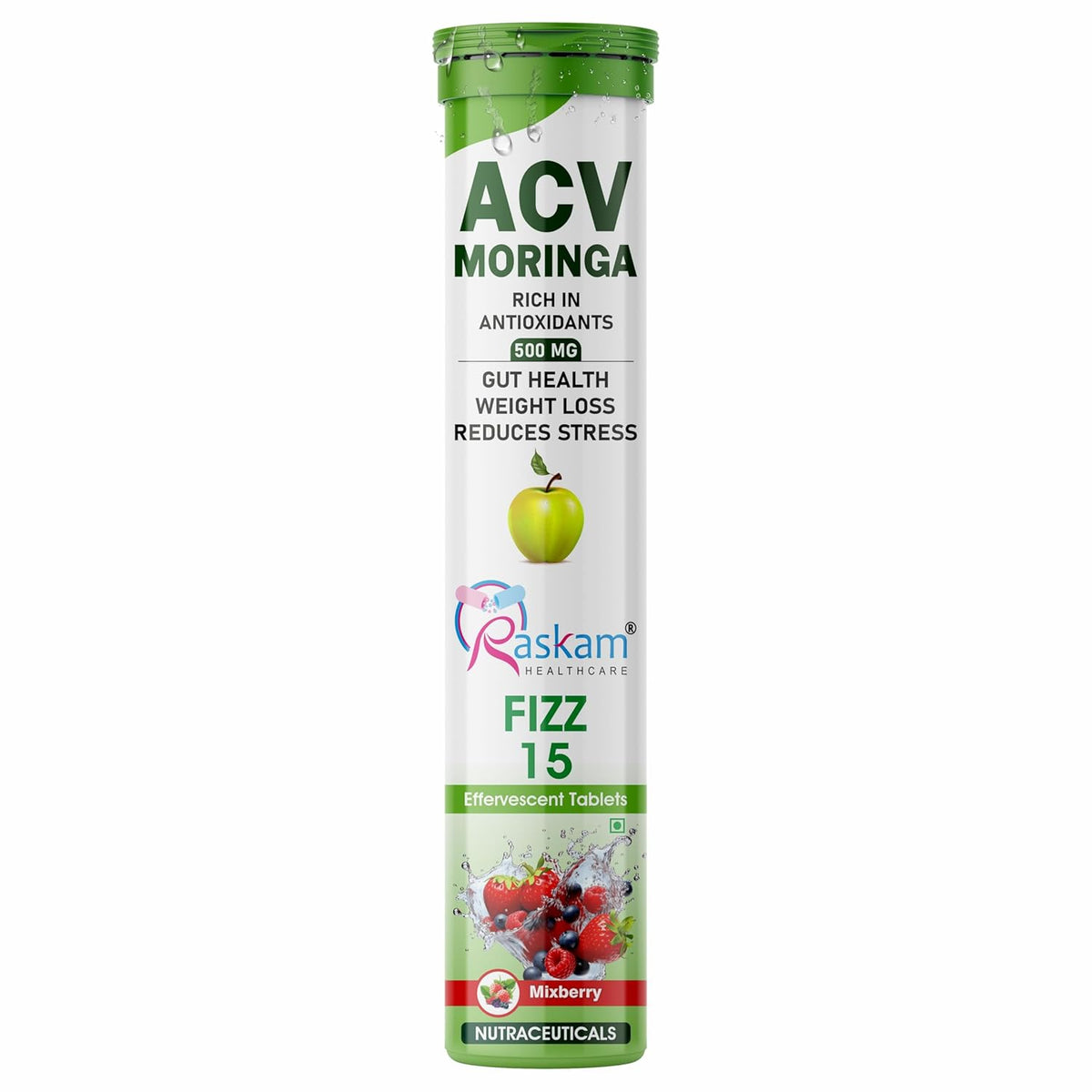 ACV Moringa supplement tube with Raskam Healthcare logo on a white background