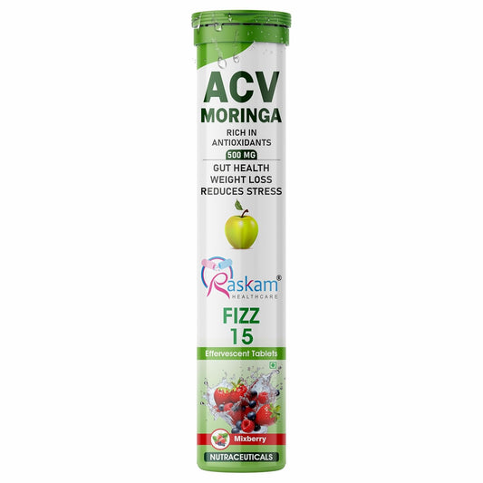ACV Moringa supplement tube with Raskam Healthcare logo on a white background