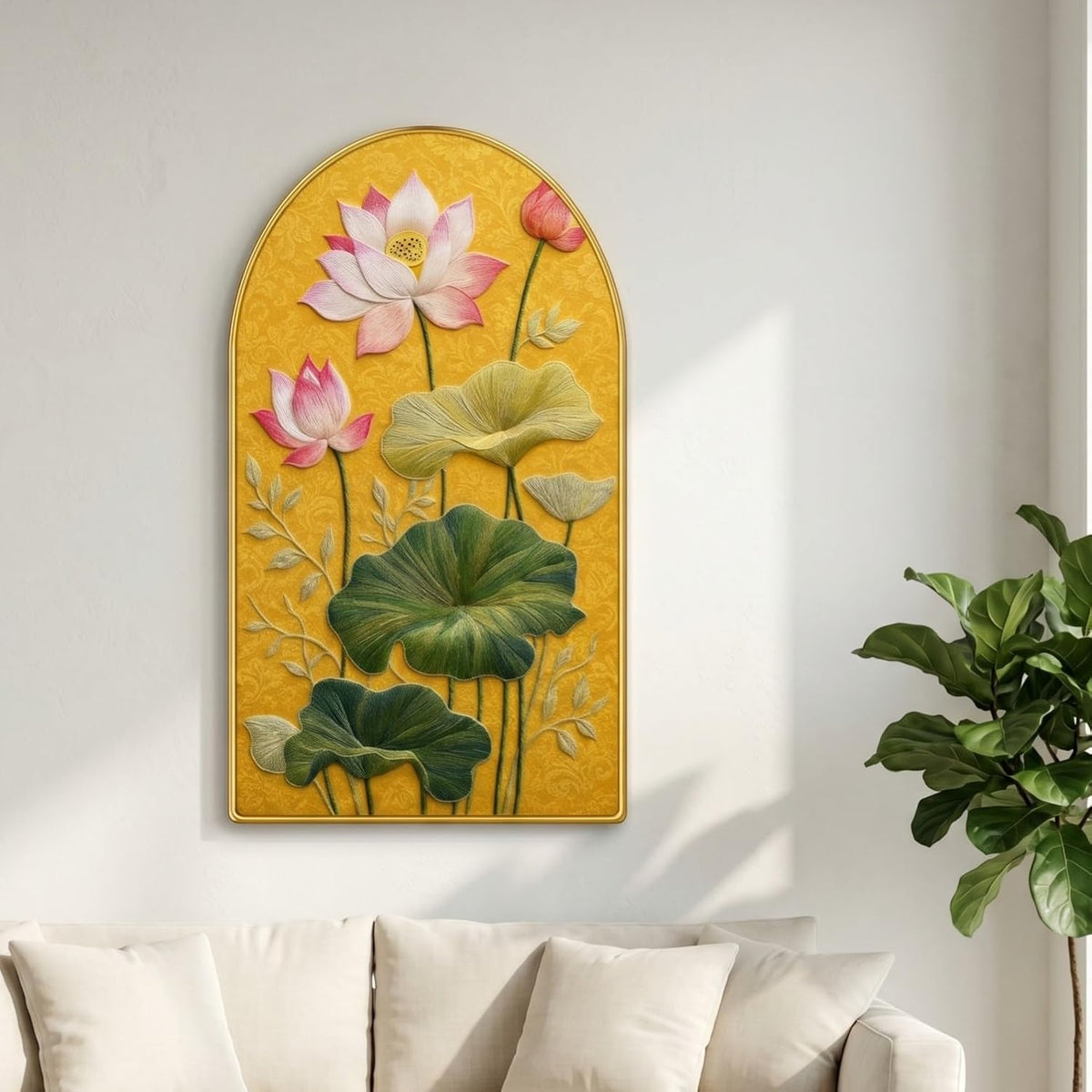 Lotus Flower Wall Painting for Living Room, Yellow Botanical Artwork with PVC Golden Frame, Premium Decorative Wall Art for Home, Bedroom, Office & Gift (30 x 16 Inch) RPNL-01-90
