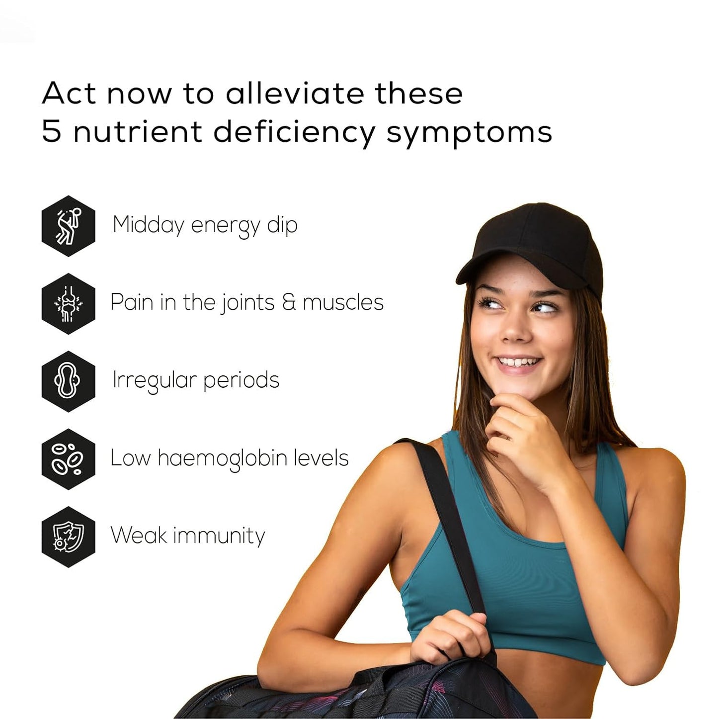 Woman in athletic wear with text about nutrient deficiency symptoms on a white background