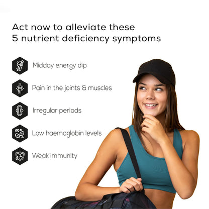Woman in athletic wear with text about nutrient deficiency symptoms on a white background
