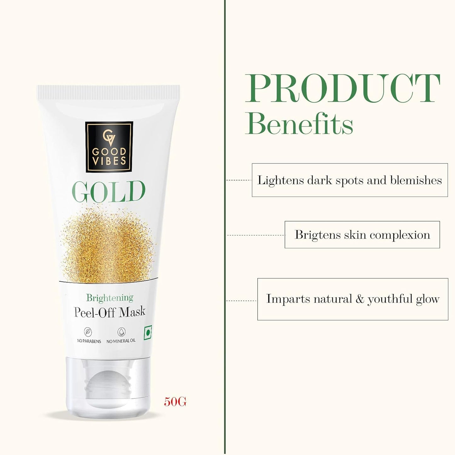 Good Vibes Gold Brightening Peel Off Mask, 50 g Deep Pore Cleansing Peel-Off Face Mask For All Skin Types, Anti-Bacterial & Helps Remove Acne, No Parabens, Sulphates & Mineral Oils