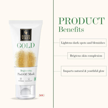 Good Vibes Gold Brightening Peel Off Mask, 50 g Deep Pore Cleansing Peel-Off Face Mask For All Skin Types, Anti-Bacterial & Helps Remove Acne, No Parabens, Sulphates & Mineral Oils