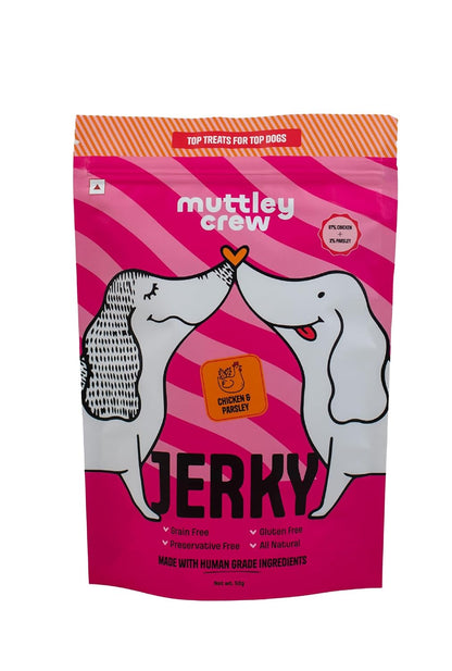 Muttley Crew Chicken & Parsley Dog Jerky with Real Lean Chicken Meat | Healthy Adult Dog Treats for Easy Digestion | All Natural, Grain-Free, Gluten-Free (50 Gram)
