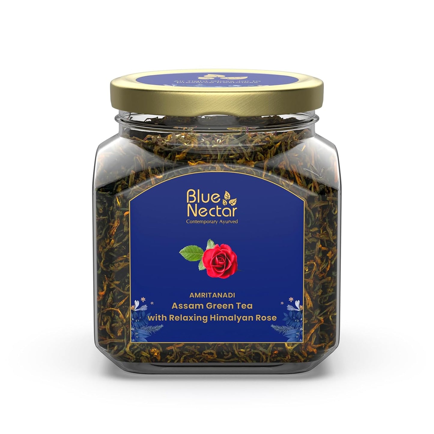 Blue Nectar Green Tea Leaves with Rose for Relaxation with Green Tea Strainer | Eco Friendly Glass Jar | 100% Natural, Handpicked from the Himalayas | (65g)