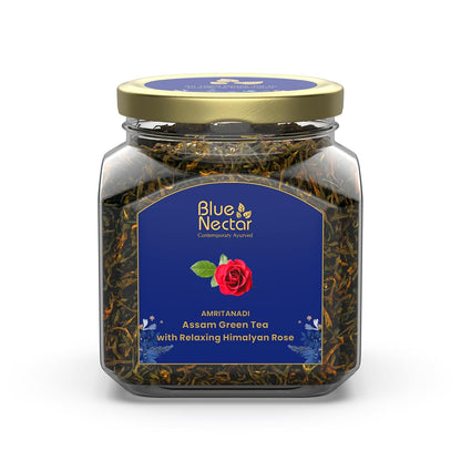 Blue Nectar Green Tea Leaves with Rose for Relaxation with Green Tea Strainer | Eco Friendly Glass Jar | 100% Natural, Handpicked from the Himalayas | (65g)