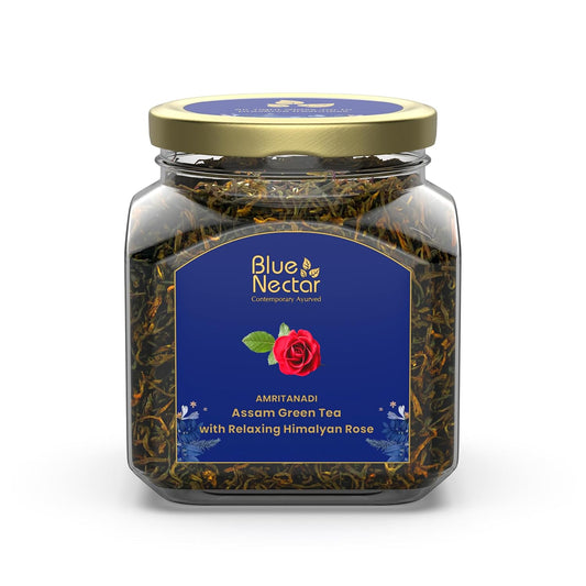Blue Nectar Green Tea Leaves with Rose for Relaxation with Green Tea Strainer | Eco Friendly Glass Jar | 100% Natural, Handpicked from the Himalayas | (65g)