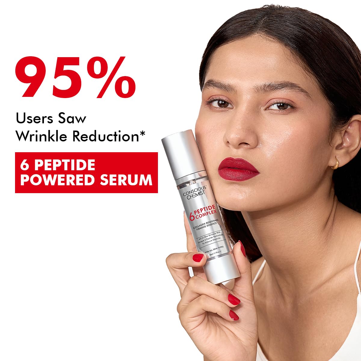 Woman holding a peptide-powered serum with text about wrinkle reduction on a white background