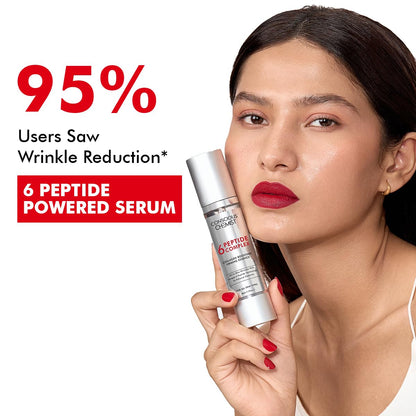 Woman holding a peptide-powered serum with text about wrinkle reduction on a white background
