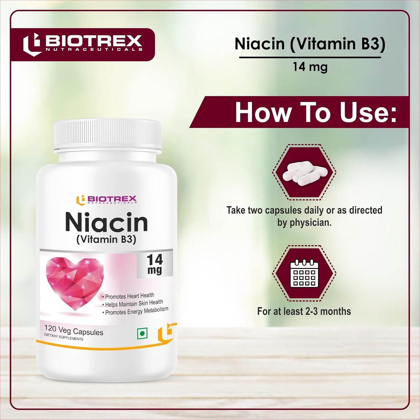 Biotrex Nutraceuticals Niacin 14mg Vitamin B3 With Inositol 50mg Supplement | for Vascularity & Increase Cellular Energy, Non-GMO, Gluten Free, As Per RDA Allowance - 120 Veg Capsules