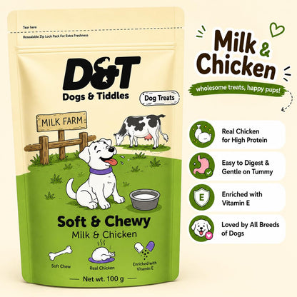 Dogs & Tiddles Milk & Real Chicken Dog Treats for Puppies & Adult Dogs, 100g | Soft & Chewy Puppy Treats | Easily Digestible and Healthy| Tasty Training Treats and Dog Snacks