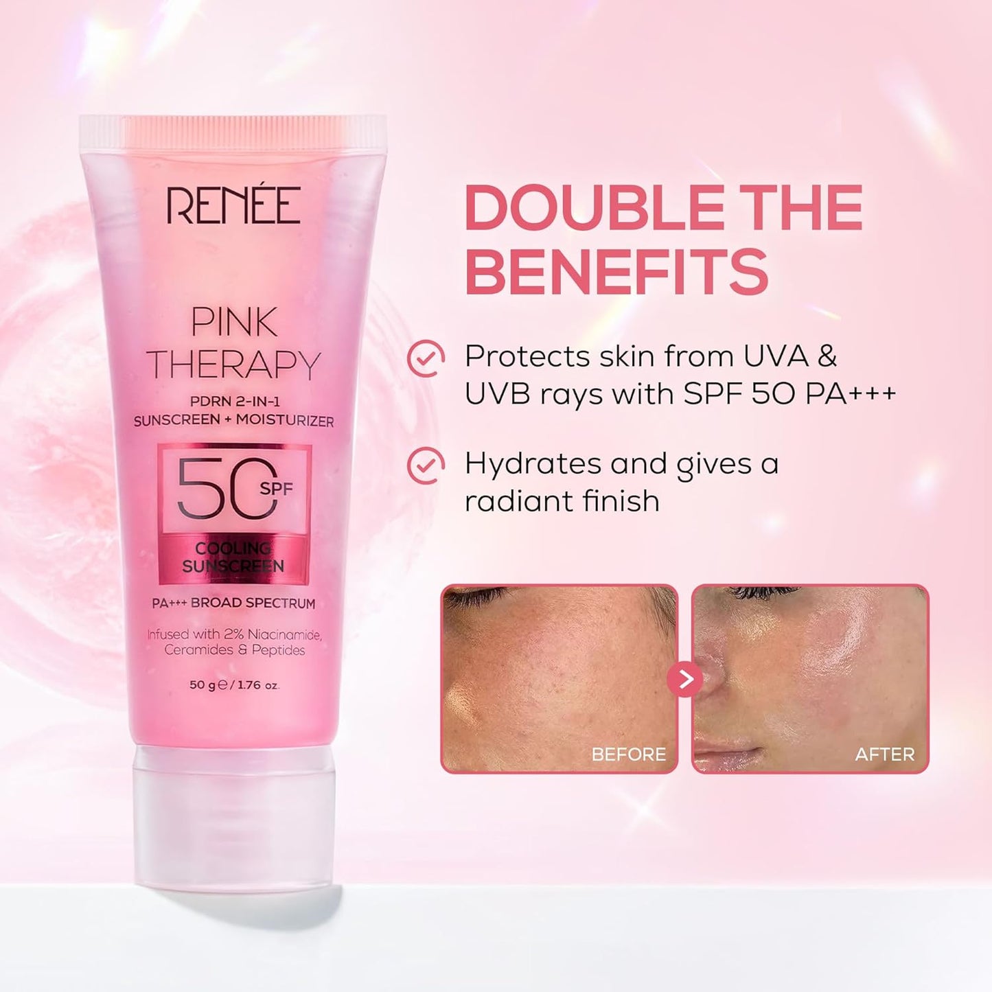 Pink sunscreen tube with text on a pink background