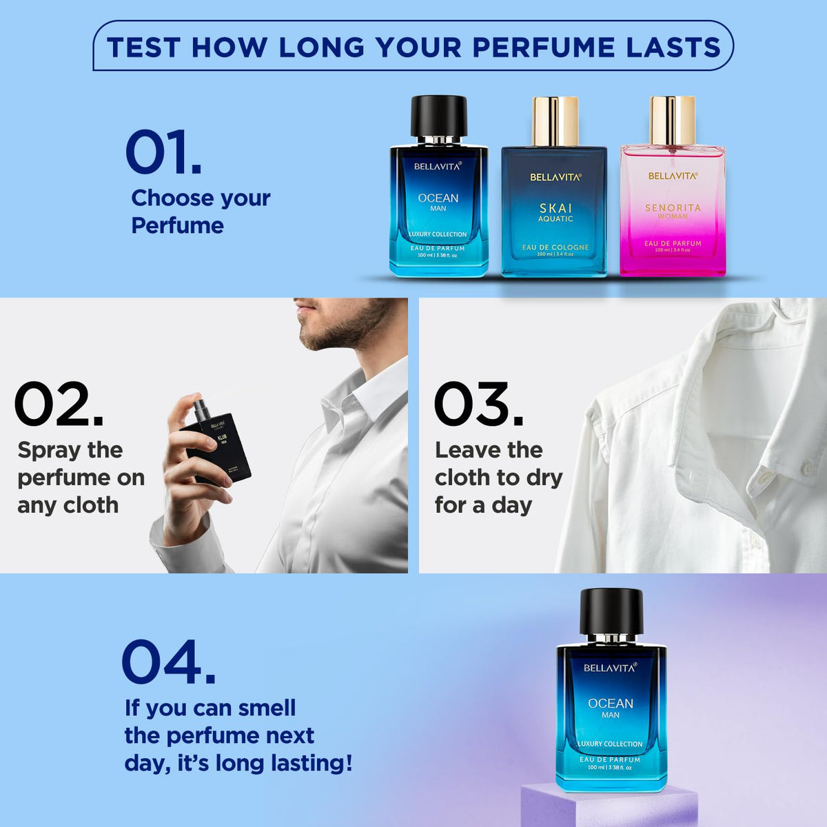 Bellavita perfume bottles with instructions on how to test longevity on a white background