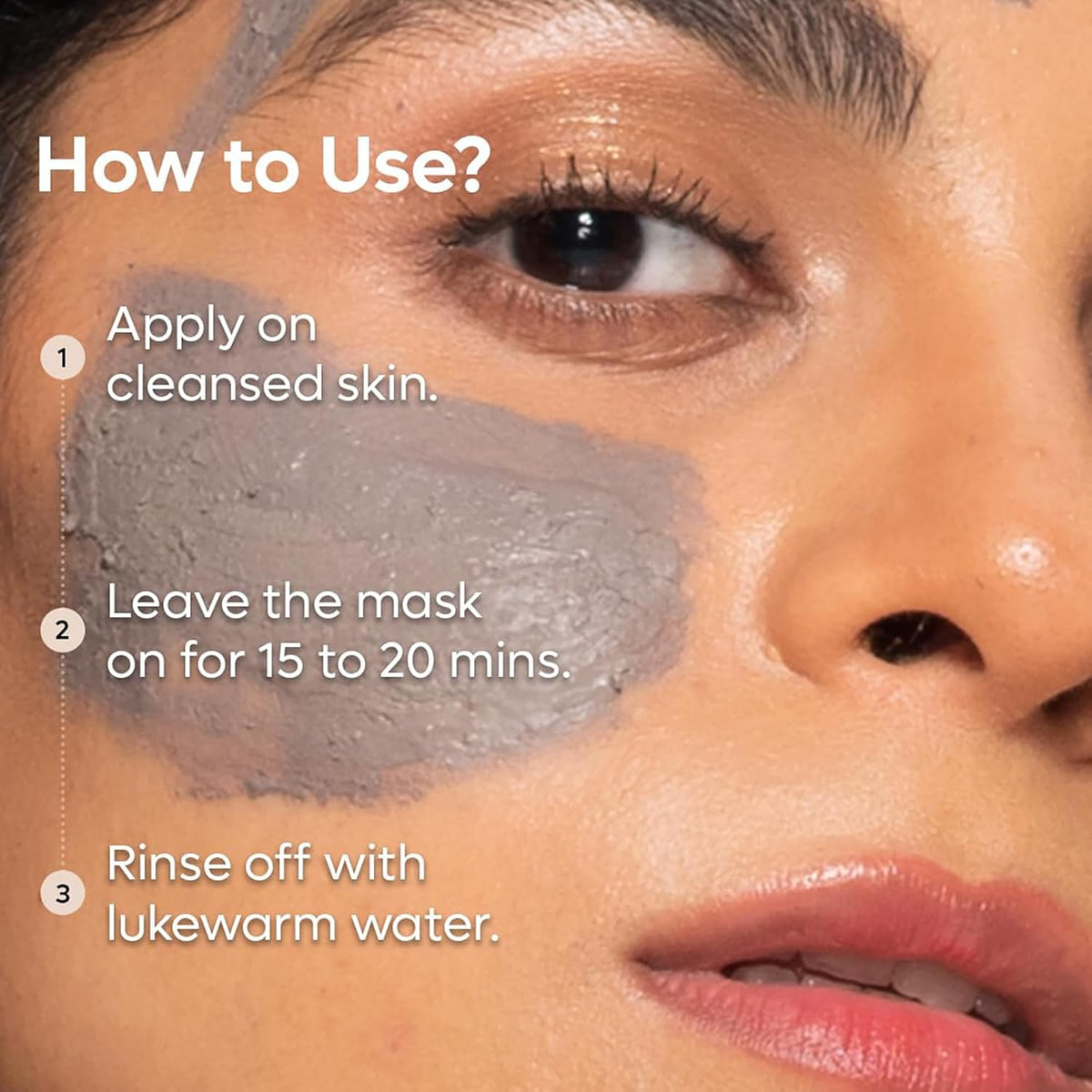 Facial mask application guide on a person's face with text instructions.