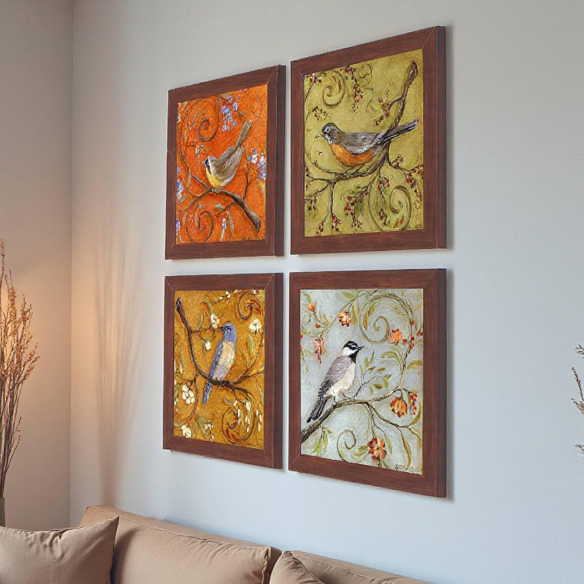 Multicolor Birds Wall Art Painting for living room, birds floral Framed painting, set of 4, 9x9 Inch