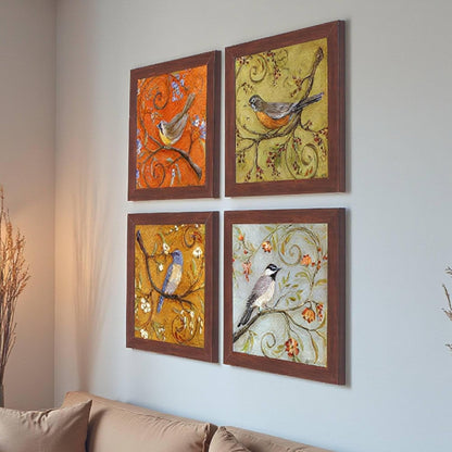 Multicolor Birds Wall Art Painting for living room, birds floral Framed painting, set of 4, 9x9 Inch